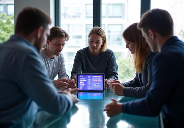 Modern professional team collaborating on a strategy white-board in a bright office environment
